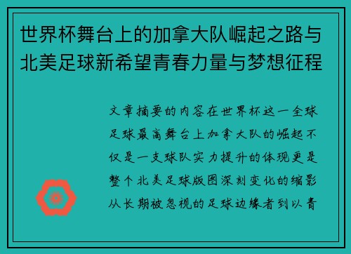 世界杯舞台上的加拿大队崛起之路与北美足球新希望青春力量与梦想征程